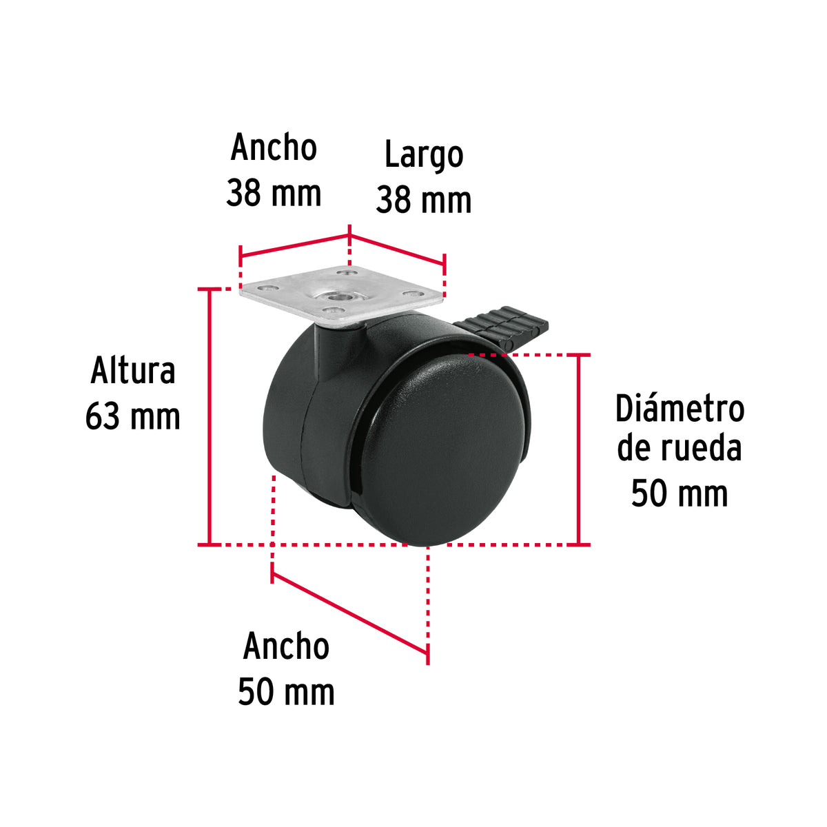 RODAJA TIPO YOYO DE 50 MM CON PLACA, CON FRENO, FIERO  44389 *