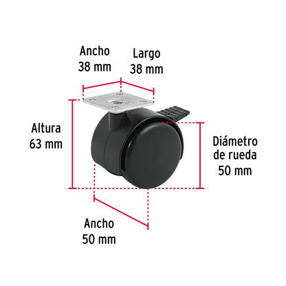 RODAJA TIPO YOYO DE 50 MM CON PLACA, CON FRENO, FIERO  44389 *