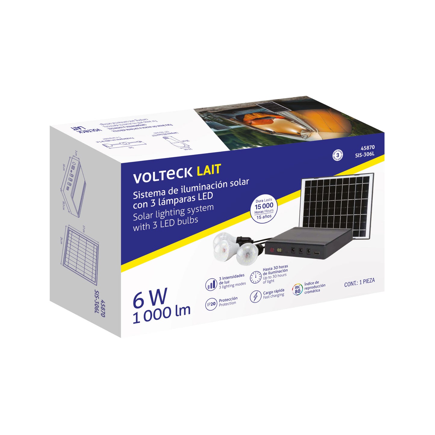 SISTEMA DE ILUMINACIÓN SOLAR 6 W, 3 LÁMP, LED 45870 *