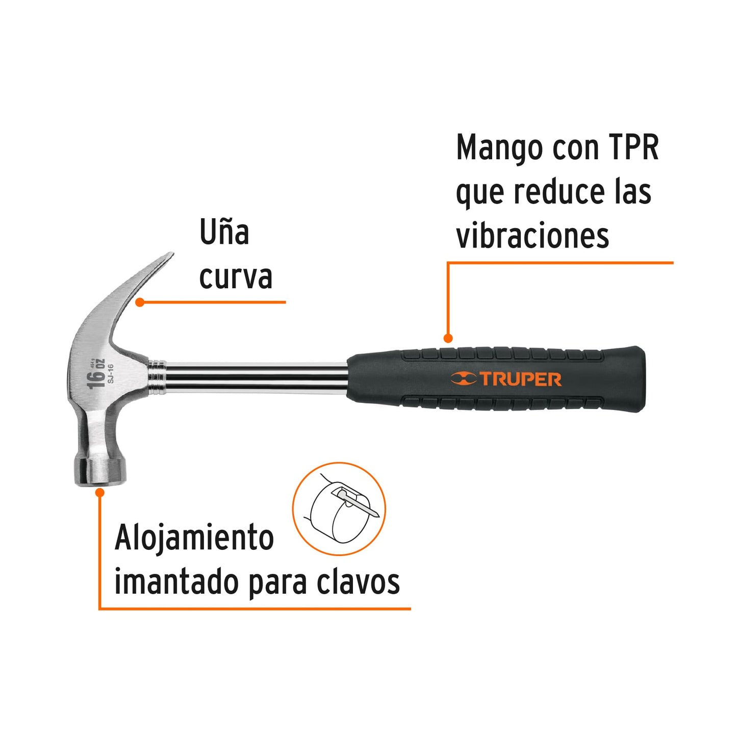 MARTILLO PULIDO 16 OZ UÑA CURVA, MANGO TUBULAR C/NEOPRENO 16700 *