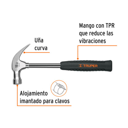 MARTILLO PULIDO 16 OZ UÑA CURVA, MANGO TUBULAR C/NEOPRENO 16700 *