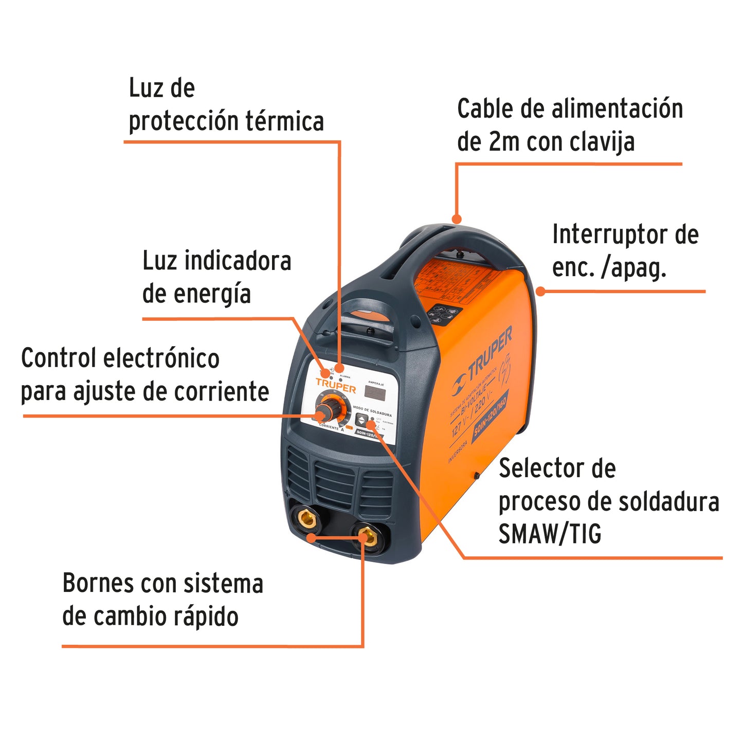 SOLDADORA INVERSORA BI-VOLTAJE 160 A, 127 V/220 V, TRUPER 13695 N
