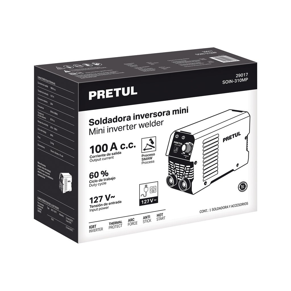 MINI SOLDADORA INVERSORA 100A, SERIE 300, 127V, PRETUL 29017 *