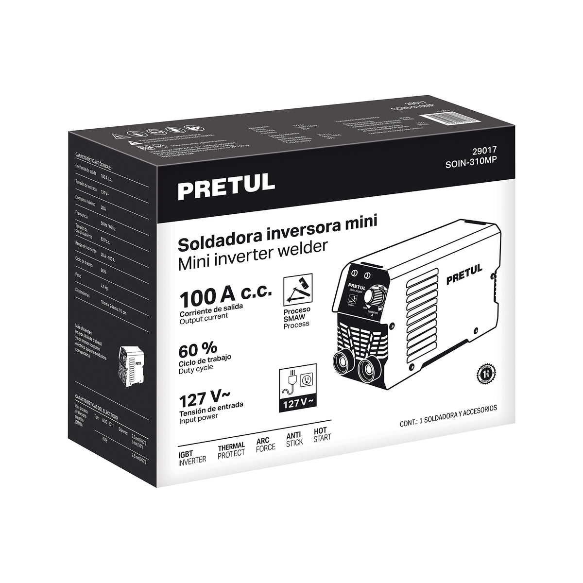 MINI SOLDADORA INVERSORA 100A, SERIE 300, 127V, PRETUL 29017 *