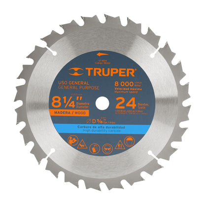 DISCO SIERRA 8-1/4" PARA MADERA, 24 DIENTES CENTRO 5/8" 18302 P