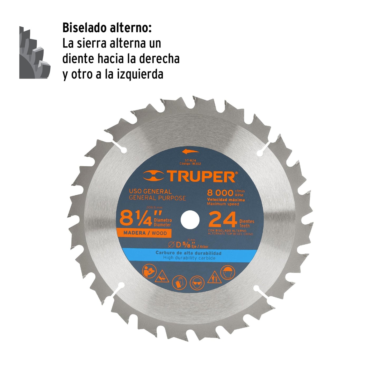DISCO SIERRA 8-1/4" PARA MADERA, 24 DIENTES CENTRO 5/8" 18302 P