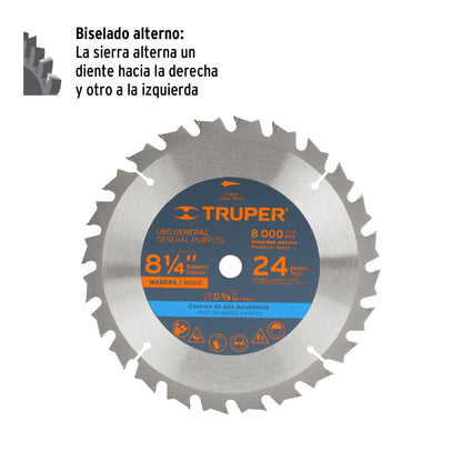 DISCO SIERRA 8-1/4" PARA MADERA, 24 DIENTES CENTRO 5/8" 18302 P