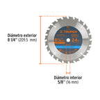 DISCO SIERRA 8-1/4" PARA MADERA, 24 DIENTES CENTRO 5/8" 18302 P