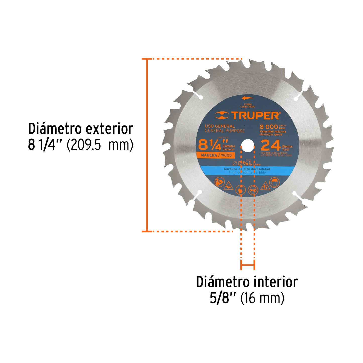 DISCO SIERRA 8-1/4" PARA MADERA, 24 DIENTES CENTRO 5/8" 18302 P