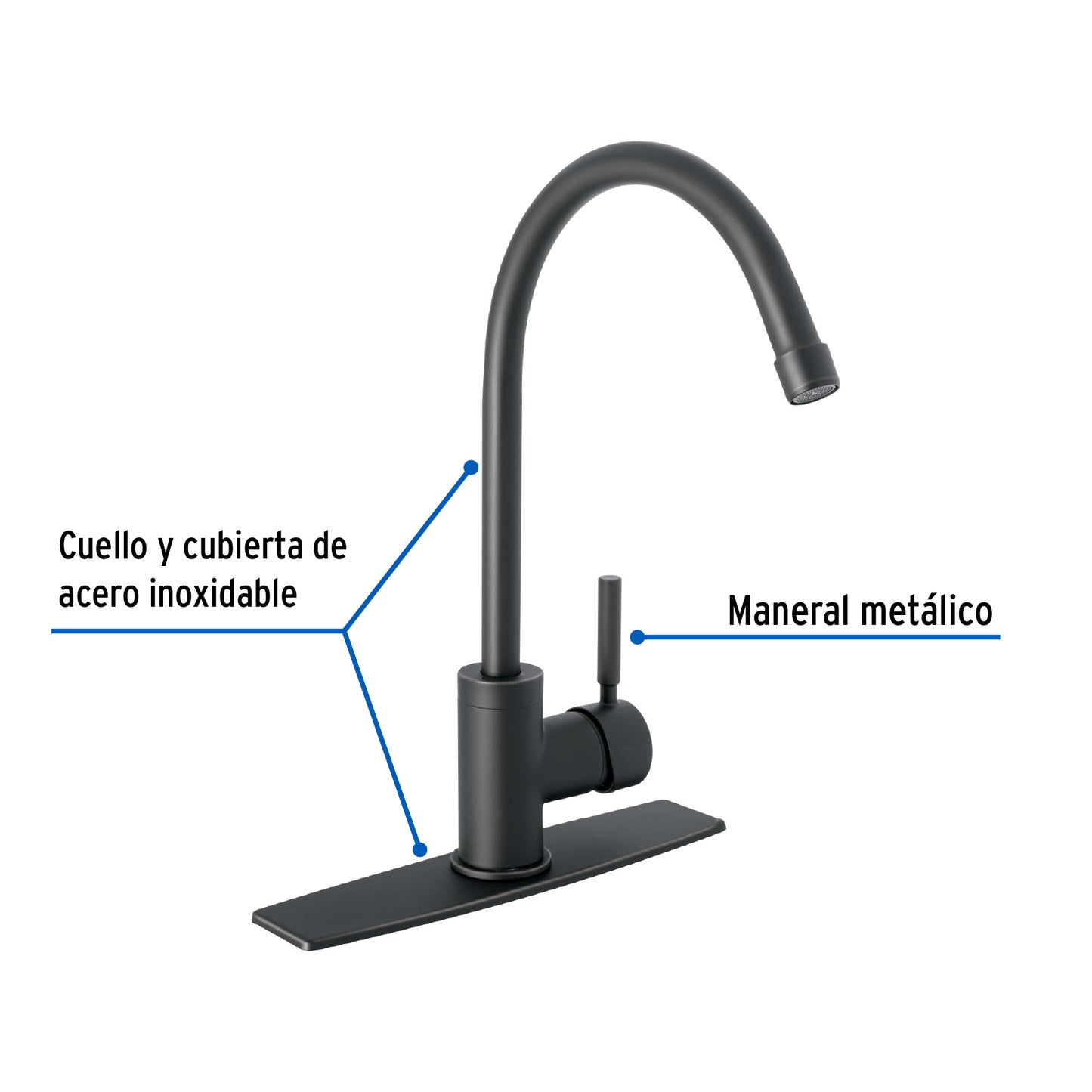 MONOMANDO PARA FREGADERO, CUELLO ALTO, NEGRO MATE, TUBIG 46767 P