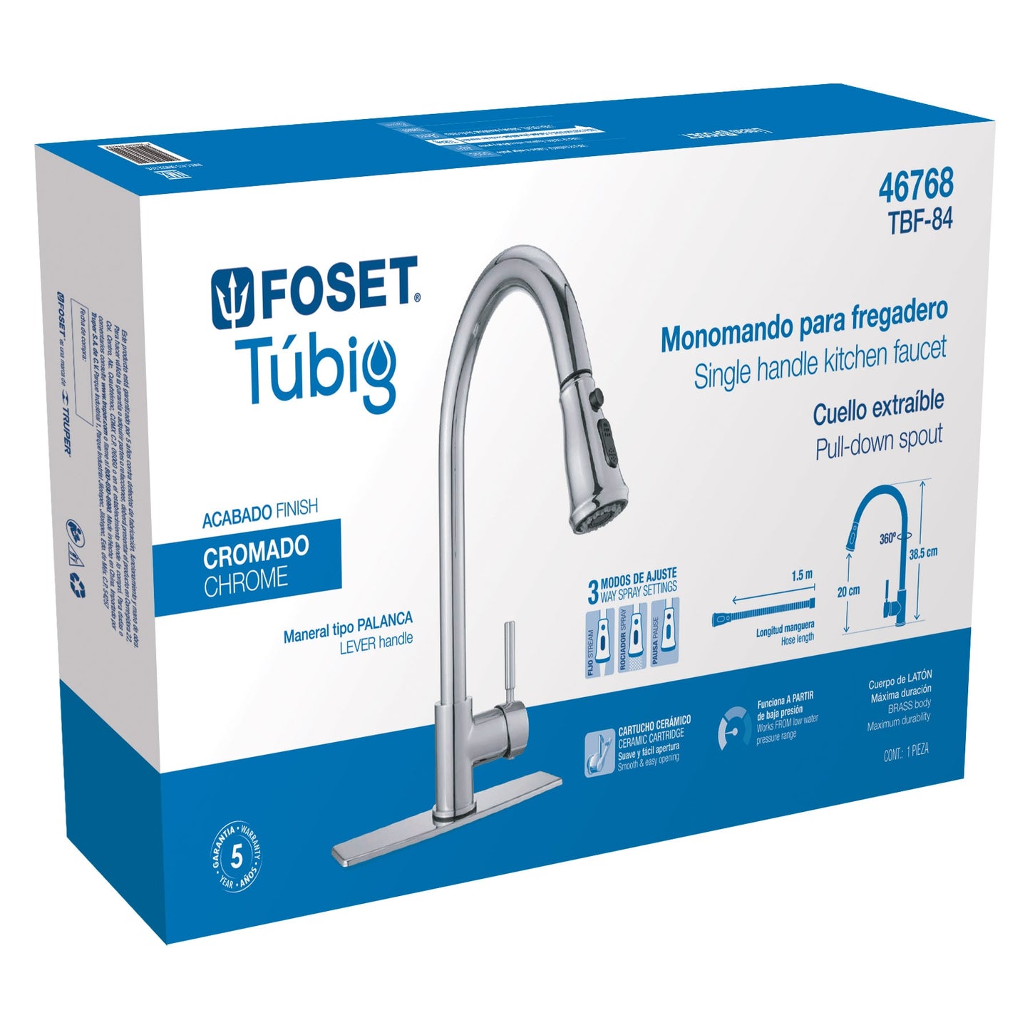 MONOMANDO PARA FREGADERO, CUELLO EXTRAIBLE, CROMO, TUBIG 46768 *