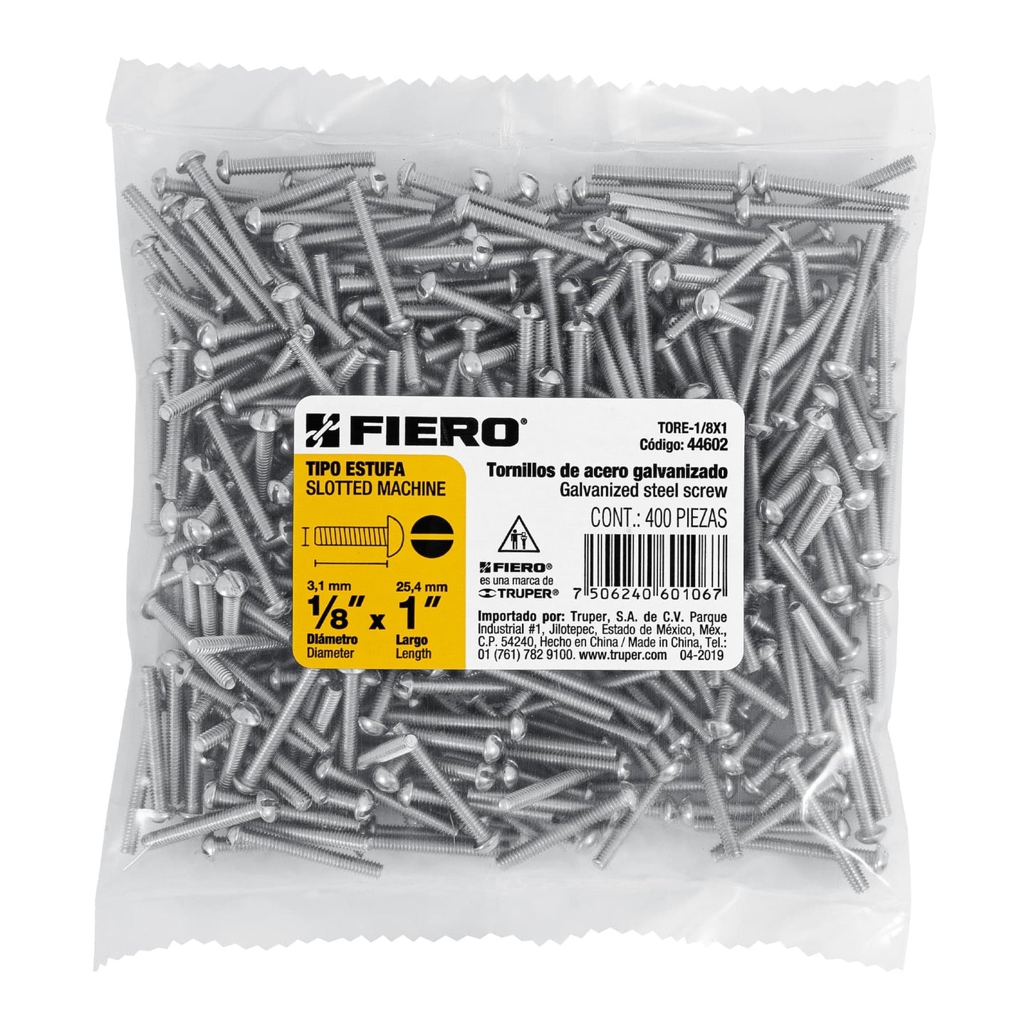 BOLSA CON 400 TORNILLOS 1/8" X 1" TIPO ESTUFA, FIERO 44602 *