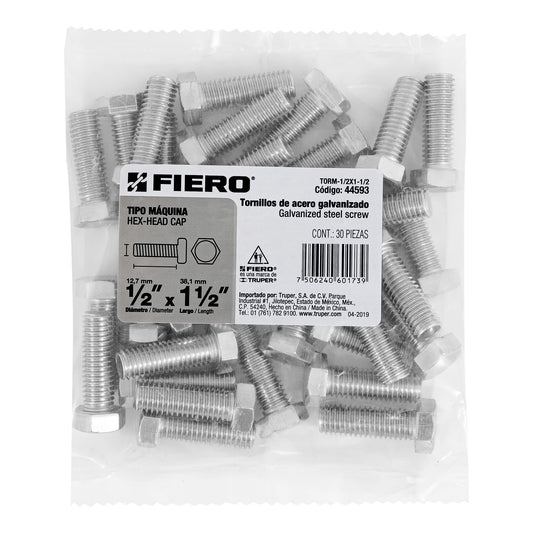 BOLSA CON 30 TORNILLOS 1/2'' x 1 -1/2'' TIPO MÁQUINA, FIERO 44593 P