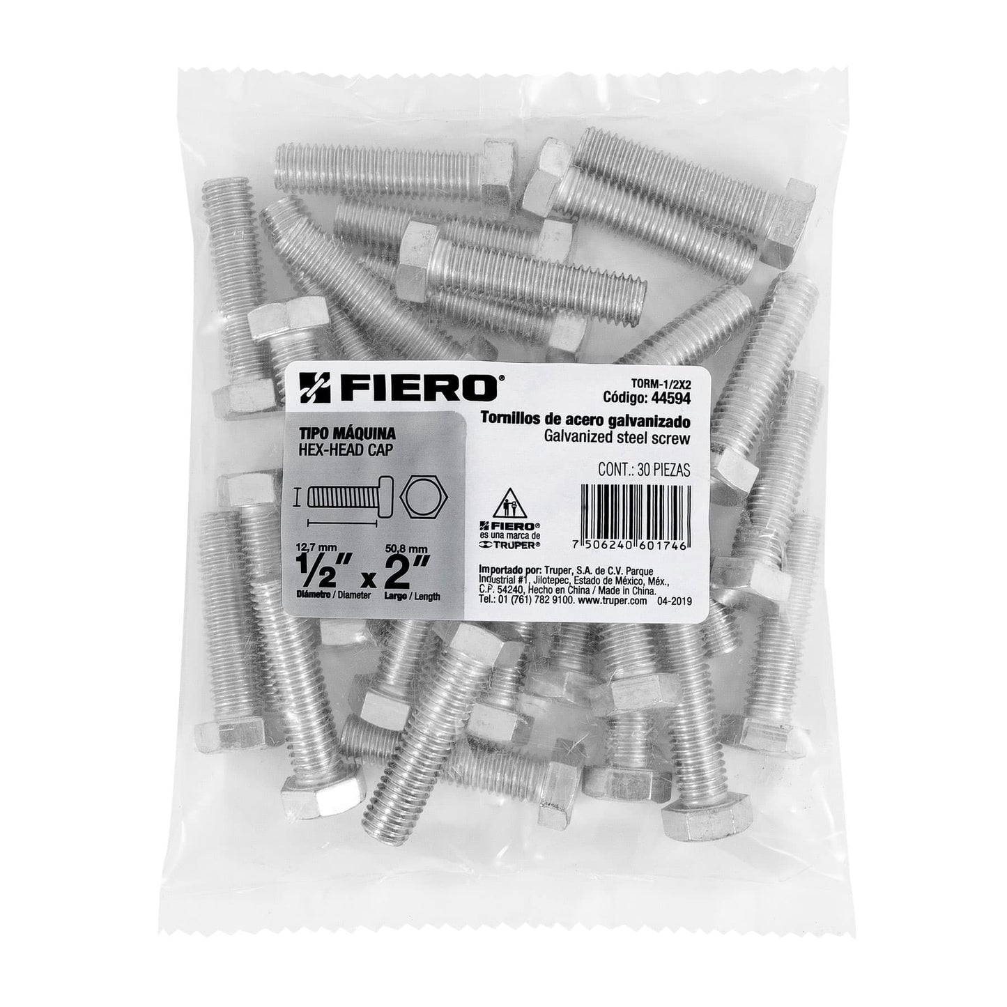 BOLSA CON 30 TORNILLOS 1/2'' x 2'' TIPO MÁQUINA, FIERO 44594 P