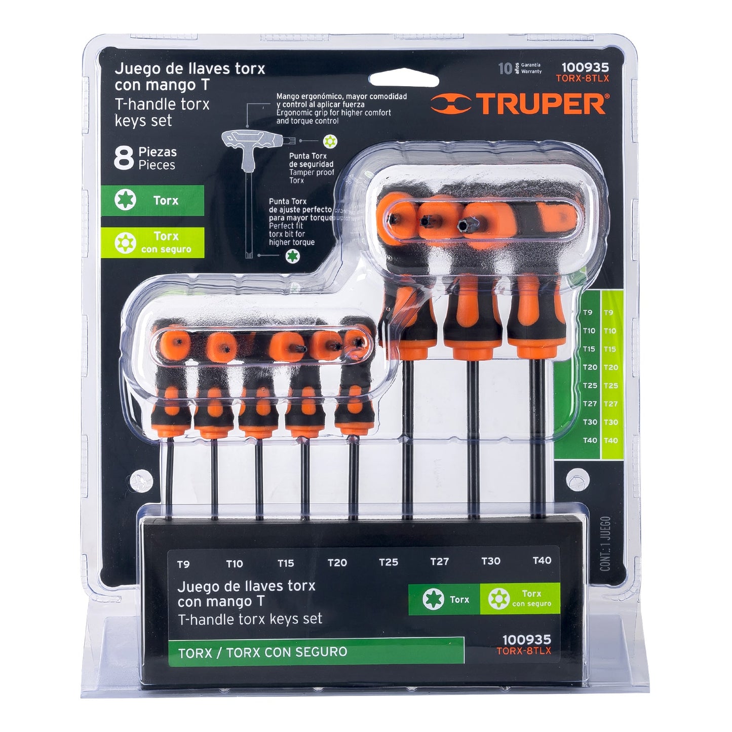 JUEGO DE 8 LLAVES TORX EXTRALARGAS CON MANGO T, TRUPER 100935 P