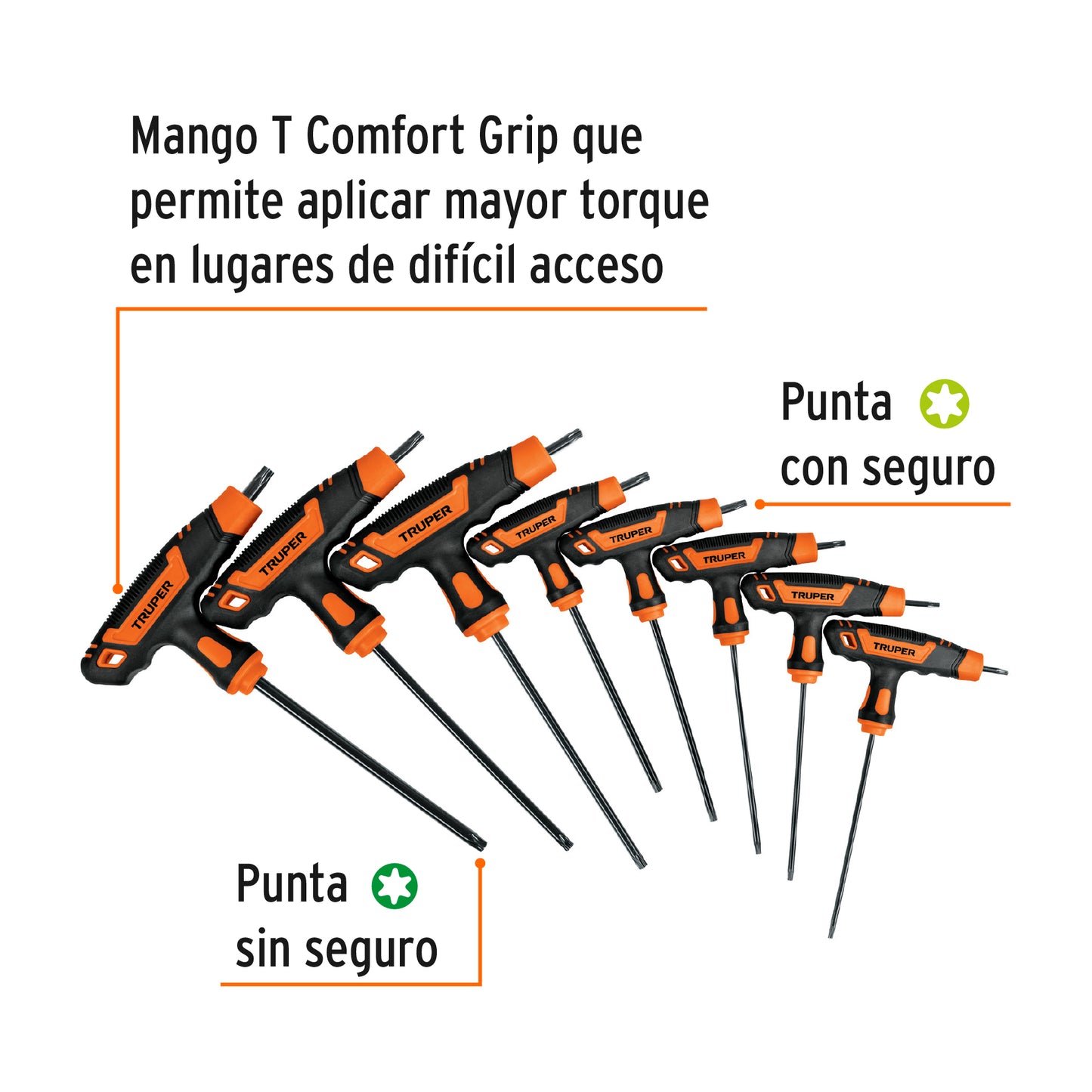 JUEGO DE 8 LLAVES TORX EXTRALARGAS CON MANGO T, TRUPER 100935 P