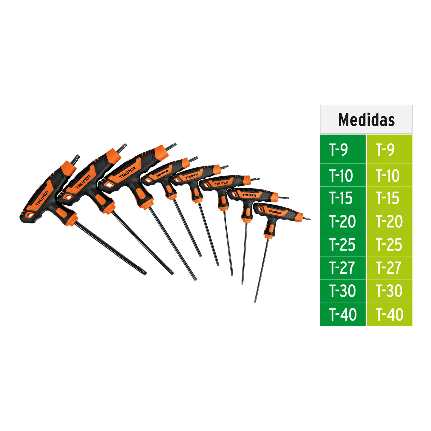 JUEGO DE 8 LLAVES TORX EXTRALARGAS CON MANGO T, TRUPER 100935 P