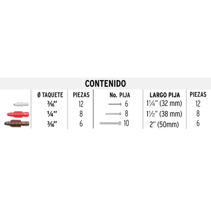 Estuche 26 taquetes 3/16", 1/4", 5/16", c/pijas #6, #8, #10