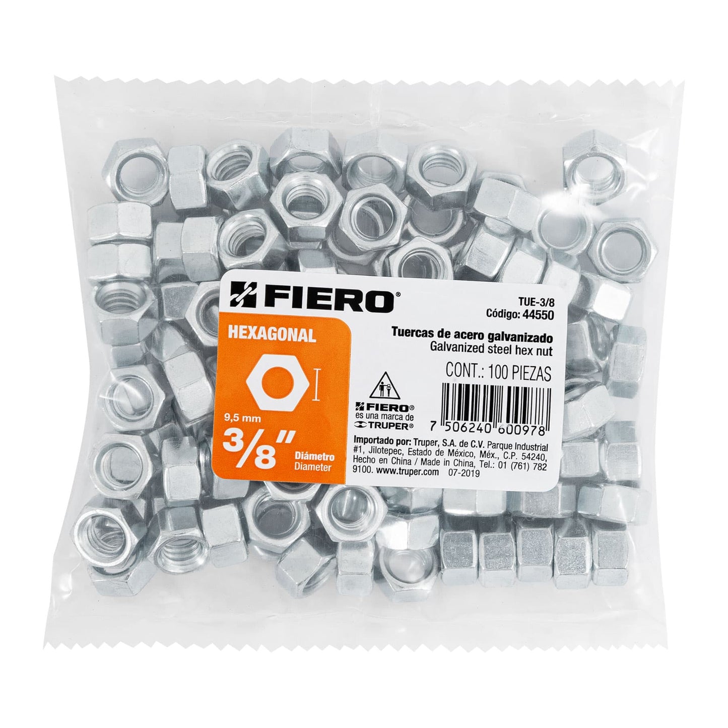 TUERCA DE ACERO GALVANIZADO HEXAGONAL DE 3/8', 100 PZAS 44550 P