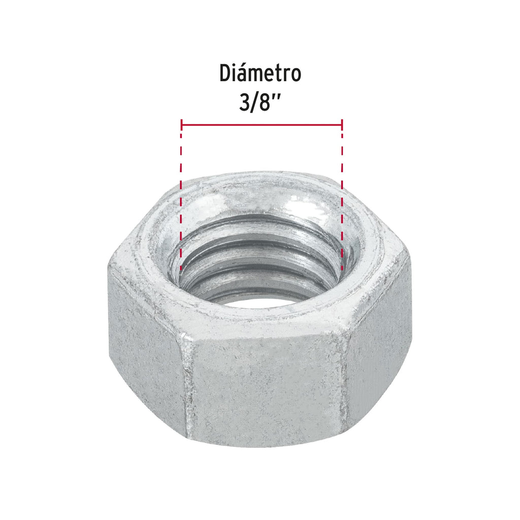 TUERCA DE ACERO GALVANIZADO HEXAGONAL DE 3/8', 100 PZAS 44550 P