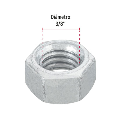 TUERCA DE ACERO GALVANIZADO HEXAGONAL DE 3/8', 100 PZAS 44550 P