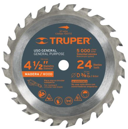 DISCO SIERRA 4-1/2'' PARA MADERA, 24 DIENTES CENTRO 3/8'' 100172 P