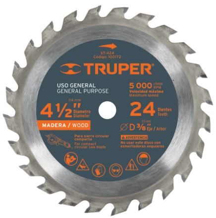 DISCO SIERRA 4-1/2'' PARA MADERA, 24 DIENTES CENTRO 3/8'' 100172 P