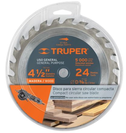 DISCO SIERRA 4-1/2'' PARA MADERA, 24 DIENTES CENTRO 3/8'' 100172 P