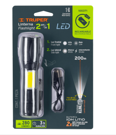 LINTERNA DE 1 LED 270LM CON LUZ DE EMERGENCIA, RECARGABLE 100371 *