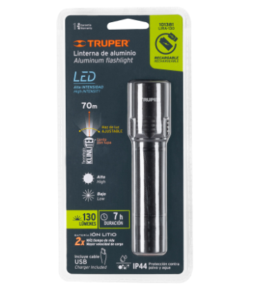 LINTERNA DE ALUMINIO 1 LED 130 LM RECARGABLE, TRUPER 101381 P