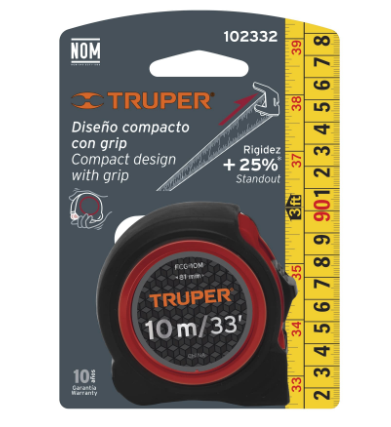 FLEXÒMETRO COMPACTO 10 CON GRIP, CINTA 25MM, TRUPER 102332 *