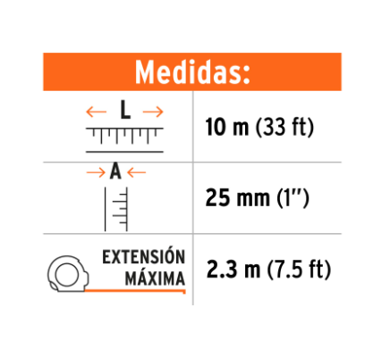 FLEXÒMETRO COMPACTO 10 CON GRIP, CINTA 25MM, TRUPER 102332 *