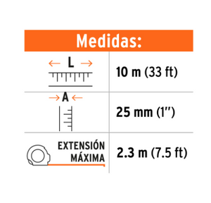 FLEXÒMETRO COMPACTO 10 CON GRIP, CINTA 25MM, TRUPER 102332 P