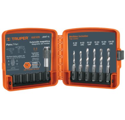 JUEGO DE 6 BROCAS HSS CON MACHUELO PARA METAL, TRUPER 102335 *