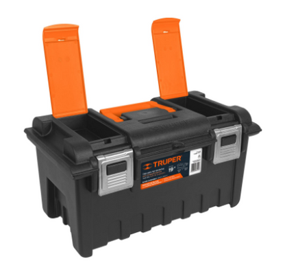 CAJA PLÀSTICA 19'' C/ COMPARTIMIENTOS, NARANJA, BROCHE METÀLICO 11811 *