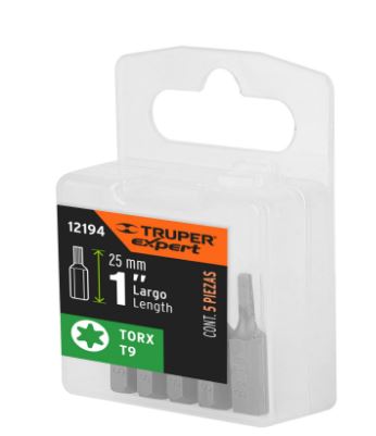 ESTUCHE CON 5 PUNTAS TORX T9 LARGO 1'', TRUPER EXPERT 12194 N