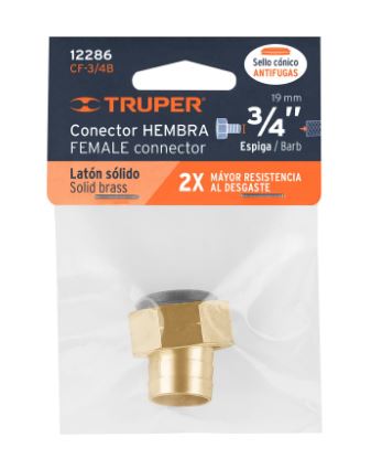 CONECTOR 3/4'' HEMBRA DE LATÓN SÓLIDO PARA MANGUERA, TRUPER 12286 *