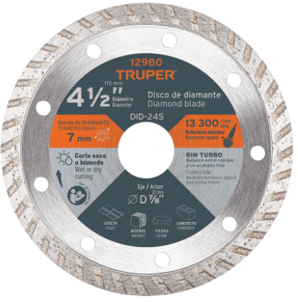 DISCO DE DIAMANTE DE 4-1/2'' X 2.2 MM RIN TURBO, TRUPER 12980 *