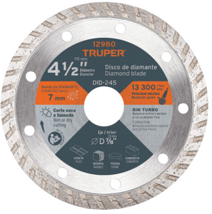 DISCO DE DIAMANTE DE 4-1/2'' X 2.2 MM RIN TURBO, TRUPER 12980 *