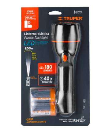 LINTERNA PLÀSTICA 1 LED 180 LM CON 2 PILAS D, TRUPER 13019 *