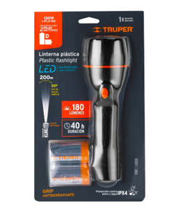 LINTERNA PLÀSTICA 1 LED 180 LM CON 2 PILAS D, TRUPER 13019 P