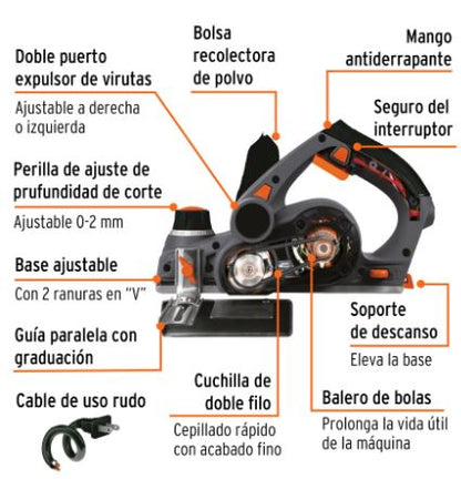 CEPILLO ELÉCTRICO 3-1/4'' 720 W, INDUSTRIAL, TRUPER 13442 N