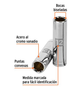 DADO LARGO DE 12MM, 6 PUNTAS, CUADRO 3/8'', TRUPER 13772 N