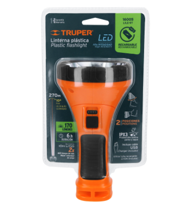 LINTERNA PLÁSTICA 1 LED LM RECARGABLE, TRUPER 16005 *