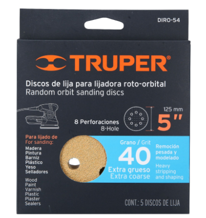 CAJA CON 5 DISCOS DE LIJA 5'' ROTO-ORBITAL, GRANO 40, 8 PERFORACIONES 17765 *L