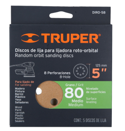 CAJA CON 5 DISCOS DE LIJA 5'' ROTO-ORBITAL GRANO 80, 8 PERFORACIONES 17942 *
