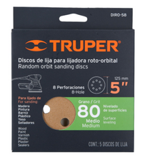 Cargar imagen en el visor de la galería, CAJA CON 5 DISCOS DE LIJA 5&#39;&#39; ROTO-ORBITAL GRANO 80, 8 PERFORACIONES 17942 P
