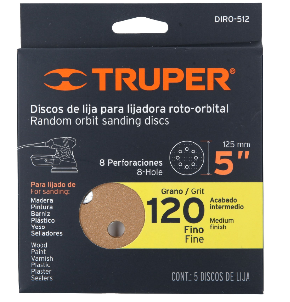 CAJA CON 5 DISCOS DE LIJA 5'' GRANO 120 LIJADORA ROTO-ORBITAL 17950 *
