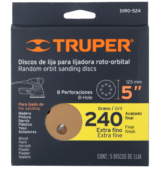 CAJA CON 5 DISCOS DE LIJA 5'' GRANO 240 LIJADORA ROTO-ORBITAL 17959 *