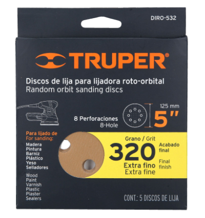 DISCOS DE LIJA ROTO ORBITAL 5',GRANO 320, 8 ORIFICIOS, 5PZAS TRUPER 17983 *